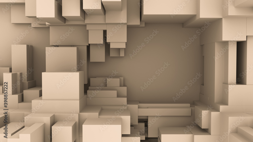Poster volumetric composition of parallelepipeds of different sizes in a warm shade. background and texture