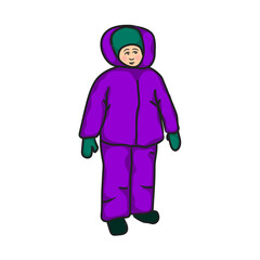 Winter portrait of kid, child in warm clothes, coveralls, jacket and pants, snowsuit, overalls, outdoors.