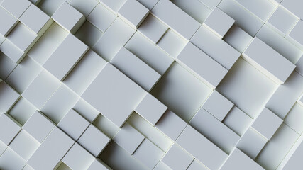 Horizontal composition of white cubes of different sizes as background and texture..