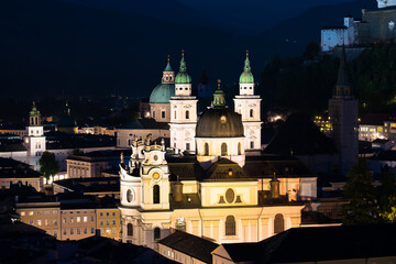 Fototapeta na wymiar Salzburg Cathedral near Festung Hohensalzburg at night. Austria
