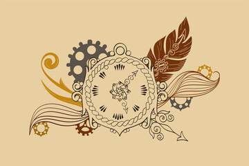 Steampunk composition in yellow, grey color. Vector linear drawing with clock, gear, arrow, feather. Modern industrial template for stationery, banner, advertising page. Collage in style steampunk