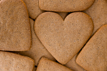 Close up of Gingerbread cookies. Heart shape cookie. Christmas food