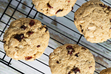 Freshly baked homemade oatmeal and blueberry cookies in tray on white wood - healthy food and snacks