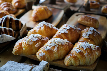 Fresh Croissant. Many fresh bread on a wooden table. Many diverse bread on a wooden board. Variety of breads displayed at bakery shop. Fresh from the oven pastry on wooden table.