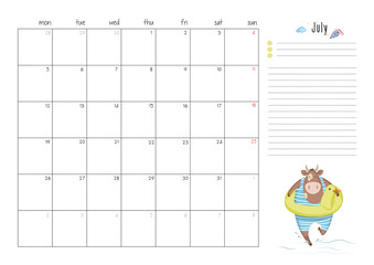 Printable A4 planner page for July 2021 with a cute bull, cow or ox, the symbol of the new year 2021 according to the Chinese calendar. Week starts on monday