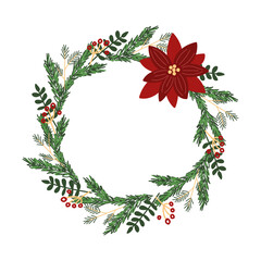 Christmas wreath made of fir and pine branches, with various herbs and poinsettia. Hand draw. Vector image for postcards, cards, banners.