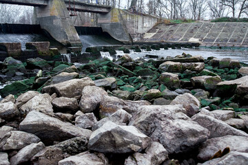 Large wet stones in the water near the river dam covered with moss