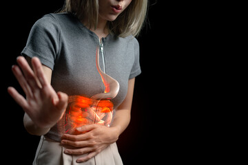 Abdominal pain woman, photo of large intestine on woman body, stomachache diarrhea symptom, menstrual period cramp or food poisoning. Health care concept. - obrazy, fototapety, plakaty