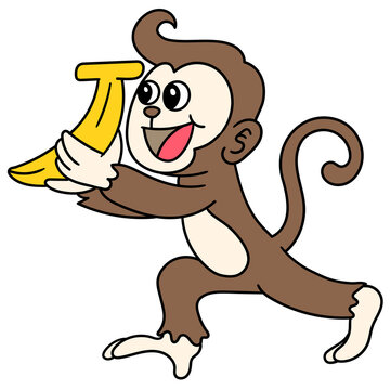 monkey carrying banana fruit doodle kawaii. doodle icon image