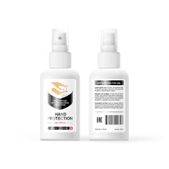 Antiseptic sprey mock-up, label design with hand sanitizer symbols and graphics