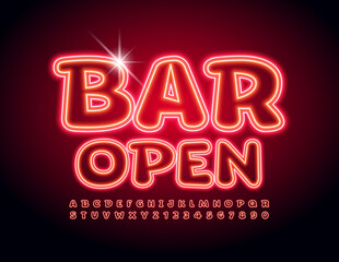 Vector neon sign Bar Open. Bright electric Font. Illuminated Alphabet Letters and Numbers set