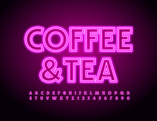 Vector glowing emblem Coffee and Tea. Electric light Font. Neon Alphabet Letters and Numbers set