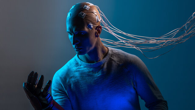 bald man with electrodes in his brain, a man of the future