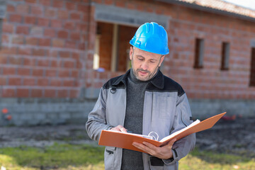 Fototapeta premium The craftsman reads the folder of his construction site