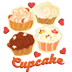 Set of three cupcake with different cream and decorated with sweets in the shape of hearts and stars.Vector illustration.