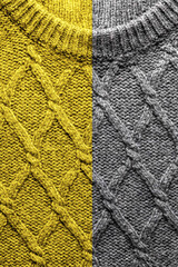 Handmade knitting wool texture background. Illuminating and Ultimate gray Pantone color of the year 2021

