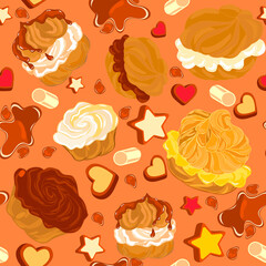 Seamless pattern of eclairs and cupcakes arranged randomly and decorated with candies of various shapes and drops of chocolate.Endless vector background for print, wallpaper, textile.