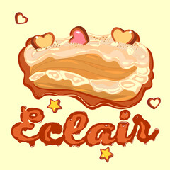 Custard Cake Cream Eclair Decorated Sweets Heart Shape Chocolate Lettering Vector Illustration