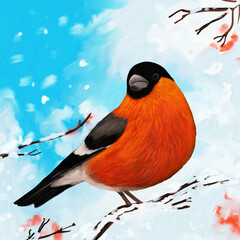 bullfinch on a branch. Illustration, digital art, red bullfinch, snowy winter landscape background.
