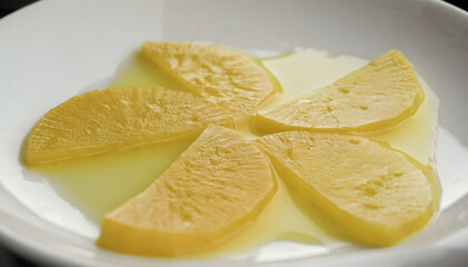 Selective focused traditional Korean side dish pickled radish.