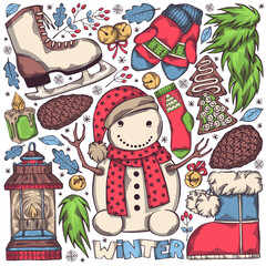 Colorful hand drawn set of winter elements - winter boots, snowman, mittens, spruce branches, christmas bells and others. Cozy symbols for cold season. Original vector image with isolated objects