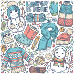 Colorful hand drawn set of winter elements - winter boots, snowman, mittens, christmas bells, sweater and others. Cozy symbols for cold season. Creative vector illustration with isolated objects