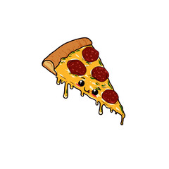 Flying slice of pizza mascot vector illustration with smile icon & dripping cheese