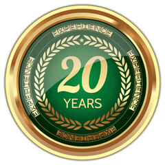 20 Years Experience. Vector Golden Badge.
