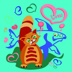 The cat and the fish look at each other in love. In the background the inscription love in a red heart. Vector 2D illustration, print for t-shirt or sticker.