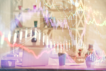 Double exposure of stock market graph drawing and office interior background. Concept of financial analysis.