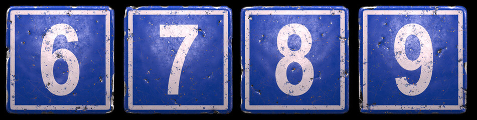 Set of public road sign in blue color with a white numbers 6, 7, 8, 9 in the center isolated black background. 3d