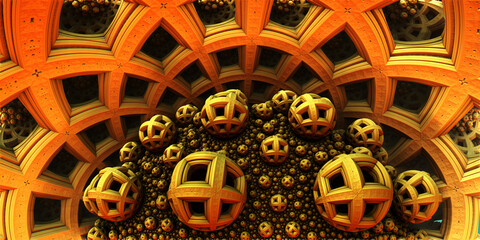 Abstract background, fantastic 3D gold structures, technology remains of an ancient civilization render illustration. 
