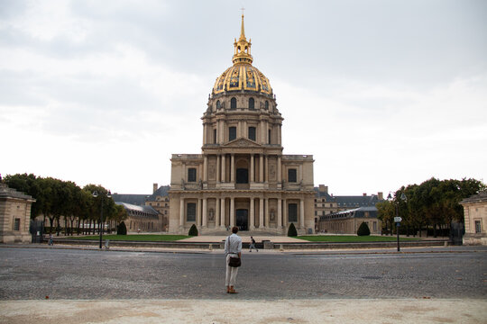 Paris, France, November 2017: A view of Golden Dome shaped church of the Hotel des Invalides from Avenue de Tourville
