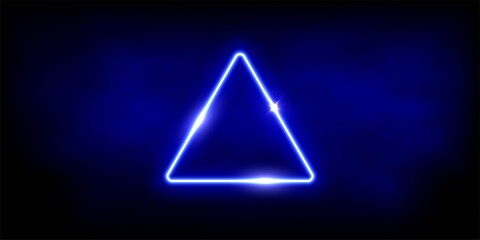 Glowing neon blue triangle with sparkles in fog abstract background. Electric light frame. Geometric fashion design vector illustration. Empty minimal art decoration