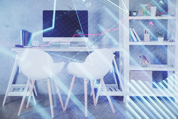 Multi exposure of stock market chart drawing and office interior background. Concept of financial...