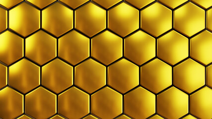Abstract 3D geometric background, gold hexagons metallic shapes stacks, render technology illustration.