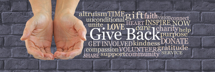 Make a Difference and Give Back Word Cloud - female hands gently cupped beside a GIVE BACK word...