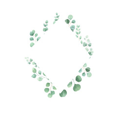 Watercolor eucalyptus frame isolated on white background. Trendy watercolor greenery. Perfect for wedding invitations, cards, social networking. 
