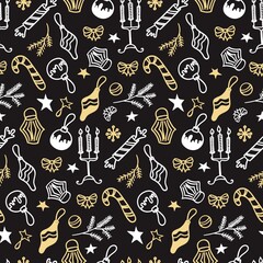 Gold and silver Christmas toys,gifts and candles on a black background.  Vector seamless texture in doodle style.Winter elements for packaging paper design, textile printing,wallpaper.