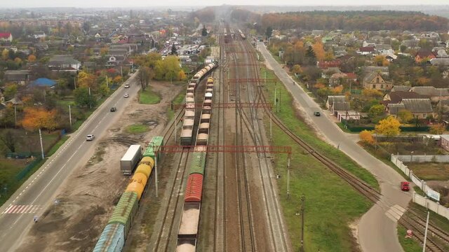 Freight train at the railway station top view.