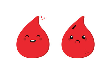 Cute cartoon style red blood drops characters with different emotions, happy and sad.