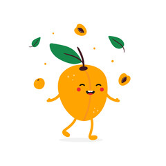 Cute happy and smiling cartoon style apricot character throwing confetti, apricots and leaves in the air.