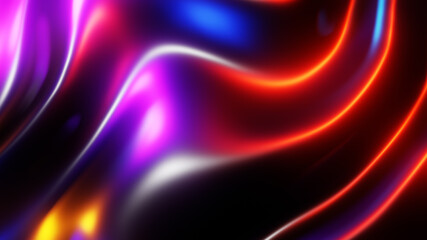 Abstract background, liquid metal waves with neon purple red colors, interesting texture 3D Render illustration.