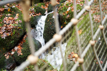 Small waterfall in the Black Forest photographed through a network of ropes. Germany, Blackforest, Gertelbach.