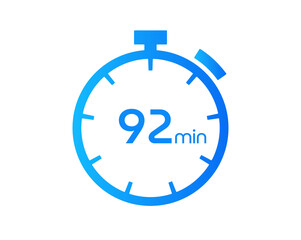 92 Minutes timers Clocks, Timer 92 mins icon, countdown icon. Time measure. Chronometer vector icon isolated on white background