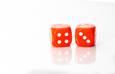 Two red dice on nume four and tree isolation on white background.