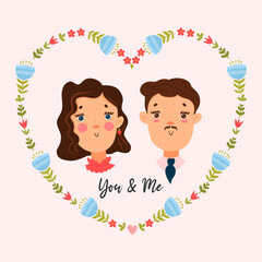 Portrait of a cute couple. Valentine s day mood. Vector graphics.