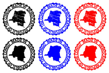 Obraz premium Made in Democratic Republic of the Congo - rubber stamp - vector, Democratic Republic of the Congo map pattern - black, blue and red
