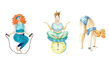Watercolor hand drawn illustration of a woman bodies in training isolated on white background.