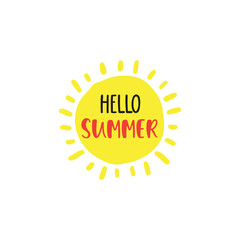 Hello Summer - Handwritten positive quote with doodle sun. Vacation typography design. 